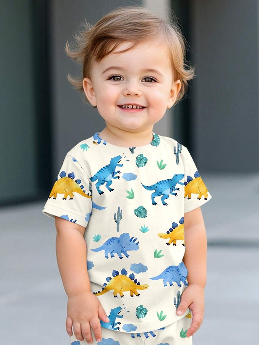 SHEIN Áo thun đơn giản, thoải mái cho bé trai, phù hợp cho mùa xuân/hè, họa tiết khủng long dễ thương cổ điển. - Nhiều màu - Xem 1