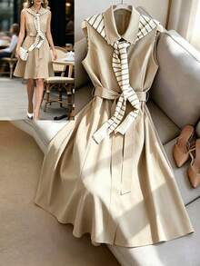 GlowEve Vestido camisero casual sin mangas con cuello de chal para mujer - Albaricoque - Ver 1