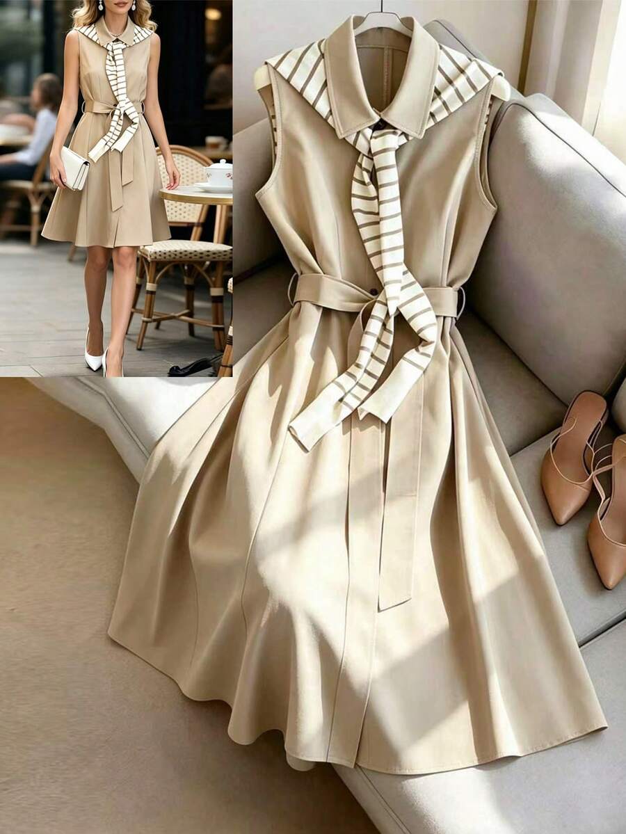 GlowEve Vestido camisero casual sin mangas con cuello de chal para mujer - Albaricoque - Ver 1