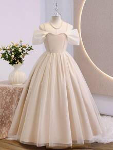 Đầm lưới màu mơ cho bé gái, đầm chiffon polyester nhẹ với tay áo voan mỏng, thích hợp cho mùa xuân/hè, đám cưới, tiệc sinh nhật. - Màu be - Xem 3