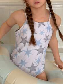 DAZY 少女星形印花连体泳衣，修身连体泳装 - 白色 - 查看 4