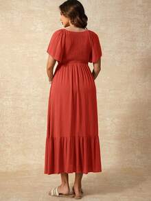 Boho Mama Maternity Solid Color Casual Ruffle Hem Short Sleeve Dress - Redwood - View 8