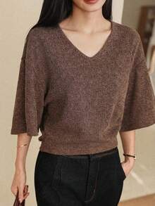 DAZY Women's Solid V-Neck Casual Versatile Daily Wear Short Sleeve T-Shirt Summer Business Casual Woman - Rust Brown - View 4