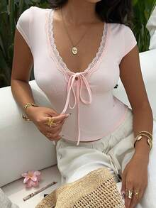 Sunnyshic Camiseta ajustada de mujer con cuello en V profundo y ribete de encaje en color rosa, para primavera/verano - Rosa - Ver 6