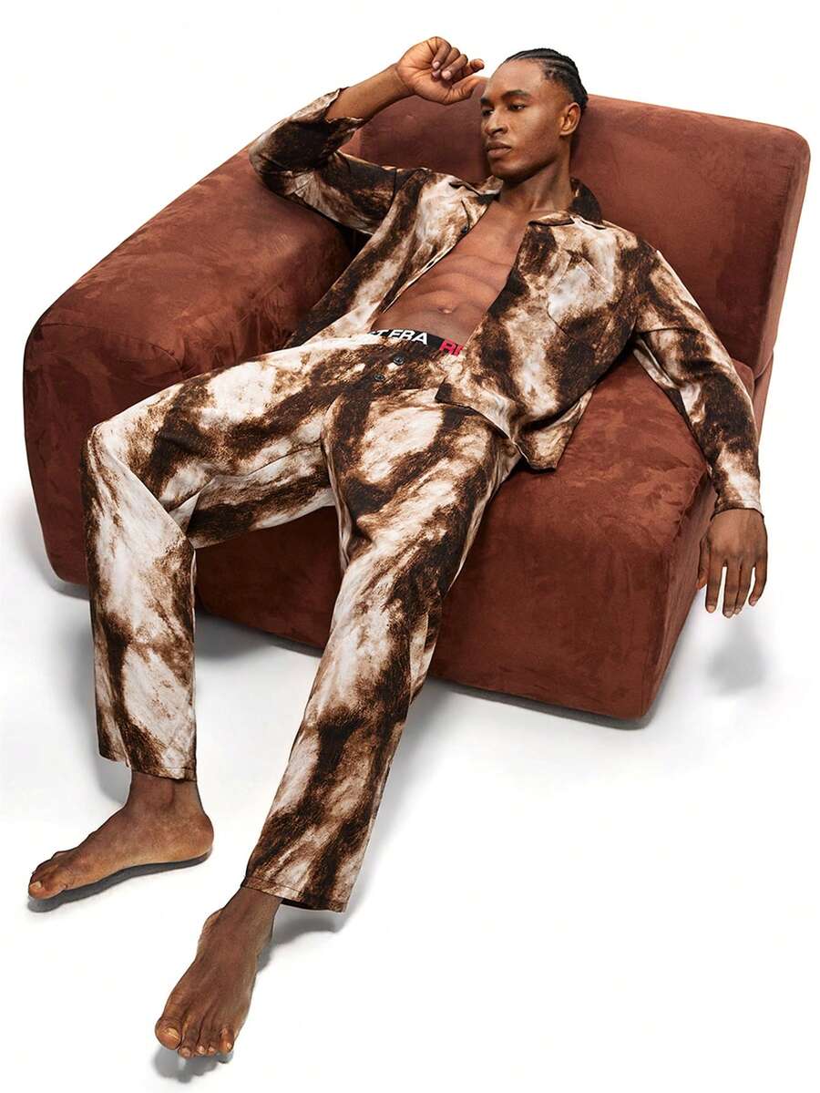 Rest Era 男士扎染印花衬衫长裤睡衣套装 男士睡衣套装 棕色睡衣 棕色睡衣 男士睡衣 图案睡衣 - 彩色 - 查看 1