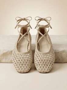 MUSERA 精致编织镂空平底女鞋，时尚舒适，方头优雅平底鞋 - 杏色 - 查看 1