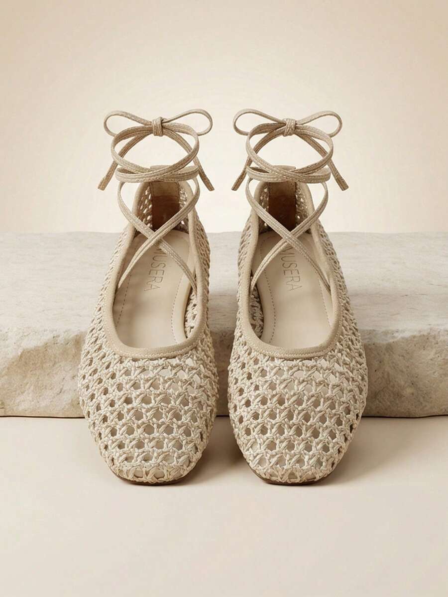 MUSERA 精致编织镂空平底女鞋，时尚舒适，方头优雅平底鞋 - 杏色 - 查看 1