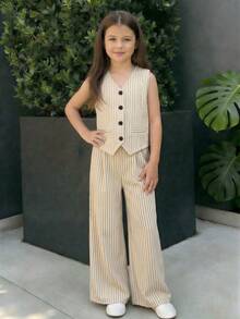 Sparklyn Bộ đồ đi làm mùa hè cho bé gái tuổi teen, quần ống đứng thời trang và áo khoác nhẹ, 2 món. - Màu be - Xem 4