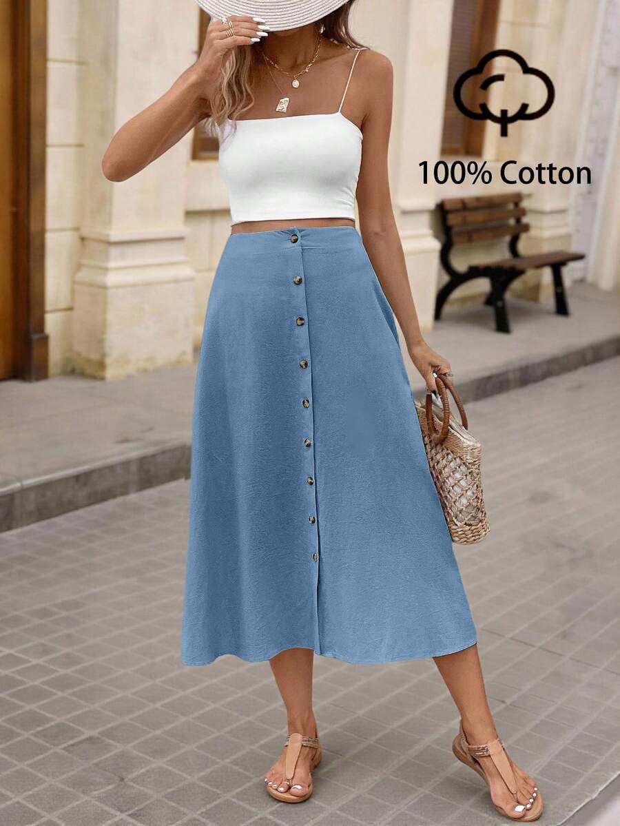 Brillora Women's Solid Color Single-Breasted Casual Vacation Midi Skirt - Blue - View 1
