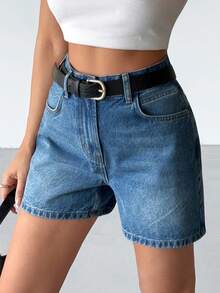EURMUSE Quần short denim rộng rãi cạp cao giặt thường ngày, mùa hè - Rửa trung bình - Xem 6