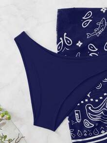 Swim Vcay 女士夏季沙滩印花露背系带性感比基尼套装，含罩衫和裙子 - 藏蓝色 - 查看 3