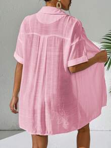 SHEIN Swim 女士简约纯色短袖和服罩衫，夏季海滩装扮，女士沙滩罩衫，长款衬衫，沙滩衬衫 - 粉色 - 查看 2