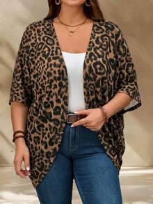 EMERY ROSE Plus Size Asymmetric Hem Batwing Sleeve Casual Jacket With Leopard Print, Suitable For Summer - Brown - View 1
