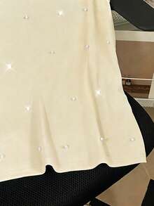 SHEIN LUNE 女士圆领水钻仿珍珠装饰休闲百搭日常上衣 - 杏色 - View 5