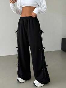 SHEIN EZwear Plus Size Bow Tie Waist Contrast Color Straight Leg Casual Sweatpants, Autumn/Winter - Black - View 3