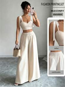 SHEIN Elenzya Conjunto de 2 piezas de top corto y pantalones de pierna ancha elegante para vacaciones de verano para mujer - Albaricoque - Ver 1
