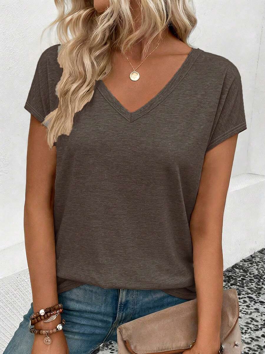 EMERY ROSE Women's Solid Color V-Neck Short Sleeve Casual Versatile T-Shirt - Coffee Brown - View 1