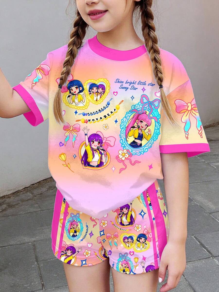 Back To School Tween Girl Casual Butterfly Decor Gradient Color Short Sleeve T-Shirt And Shorts 2-Piece Set, Suitable For Summer, Leisure Campus Sports Style, Outdoor Picnic, Outing, Street Photography, Home, School - Multicolor - View 1