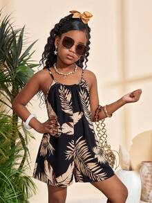 SHEIN Tween Girl Casual Vacation Fashionable Leopard Print Loose Fit Jumpsuit - Black - View 3