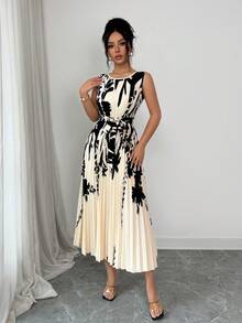 SHEIN Elenzya Đầm midi dáng xòe không tay, ôm sát, có nơ, màu mơ, thanh lịch dành cho nữ, thích hợp cho mùa xuân/hè. - Màu be - Xem 3