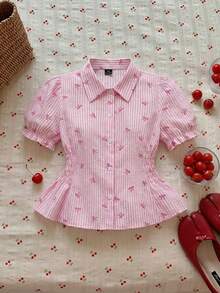 SHEIN MOD 大码女式蝴蝶结条纹腰衬衫 - 粉色 - 查看 10