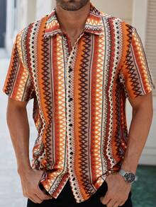 ResortEase Plus Size Men's Burnt Orange Striped Geometric Pattern Short Sleeve Button Up Shirt,Boho Vintage Print Casual Loose Summer Holiday Beach Shirt - Multicolor - View 3