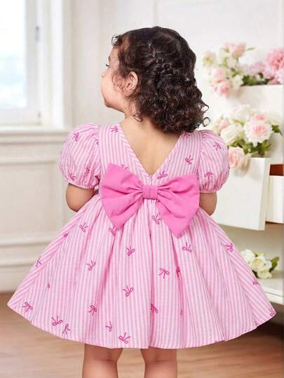 SHEIN Đầm ngắn tay kẻ sọc dễ thương, thanh lịch cho bé gái, thích hợp cho mùa hè.