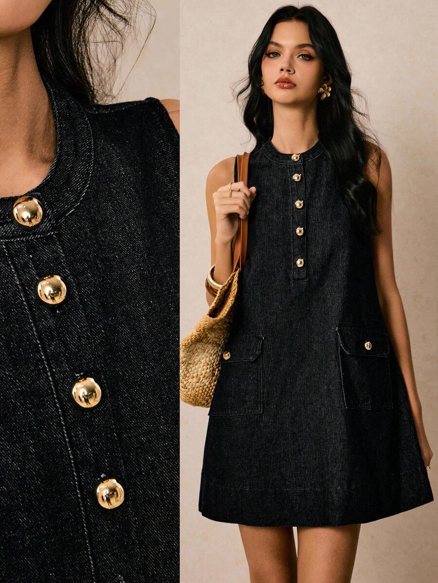 Poéselle Đầm denim nữ mới về, kiểu dáng chữ A không tay, cài khuy nửa thân, màu xanh dương, thích hợp cho mùa thu, phong cách Pháp, đầm thường ngày, đầm đi nghỉ mát, đầm dự tiệc, đầm đi chơi, đầm dành cho người giàu, đầm tựu trường, đầm sinh nhật cho nữ, trang phục giáo viên cho nữ. - màu đen - Xem 1
