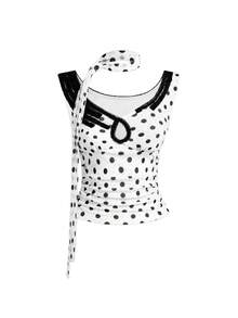 ROMWE Kawaii Cute Polka Dot Frill Trim Fitted Women Top - White - View 1