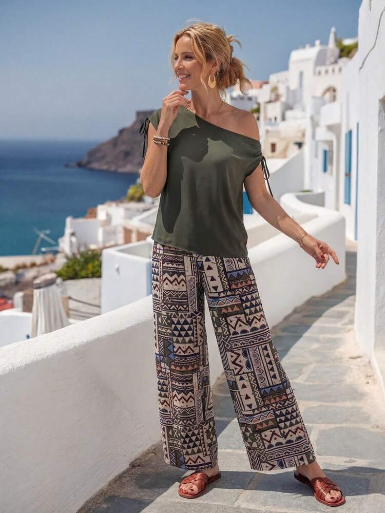 Women's Solid Color Ruched Asymmetric Neck Top And Geometric Print Wide Leg Pants Casual 2-Piece Set Summer Outfits For Women Casual Sets For Women Vacation Outfits Women Holiday Outfits For Women Summer Holiday Outfits Country Style For Women Two Piece Set Women Summer Two Piece Set 2-Piece Going Out Sets For Women Matching Sets For Women Coords For Women Summer Outfit Greece Vacation Outfits Women Boho Outfit For Women Greece Clothes