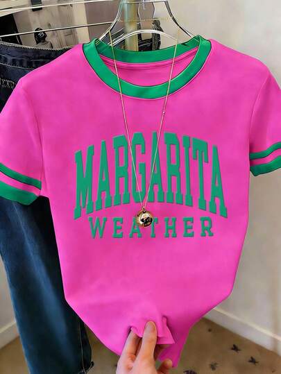 EMERY ROSE Camiseta holgada casual con estampado de letras, contraste de color y cuello redondo para mujer