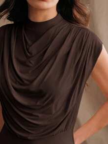 Anewsta Minimalist Design Pleated Drape High Waist Fitted Women Tank Top - Brown - View 2