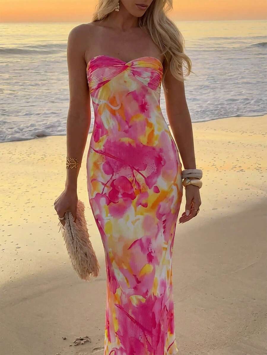 Aloruh Đầm quây gợi cảm, thanh lịch, thích hợp cho kỳ nghỉ, chất liệu chiffon, xếp ly, in hoa, dáng rộng.