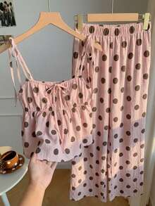 SHEIN EZwear 两件套休闲简约夏季多巴胺波点吊带背心和长裤套装，适合夏季、度假季，波点印花，杜卡迪波点，粉棕色波点。适合度假、旅行、派对、音乐节、返校季、毕业季。 - 彩色 - 查看 5