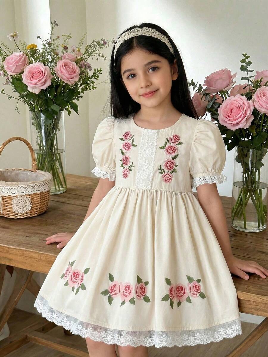 SHEIN 少女优雅花卉印花刺绣蕾丝边花瓣袖连衣裙，夏季 - 杏色 - 查看 1