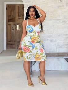 Slaydiva Spring/Summer New Sleeveless Lace Splice Bodycon Knee-Length Floral Print Dress, Romantic Vacation, Plus Size, Capri - Multicolor - View 5