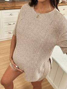 SHEIN Maternity Summer Casual Solid Color Split Hem Top And Shorts 2 Pieces Set - Khaki - View 5