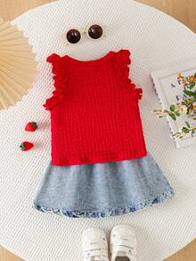 SHEIN 两件套女婴荷叶边无袖纯色上衣+草莓刺绣牛仔裙套装，可爱甜美夏季亲子装 - 彩色 - 查看 2