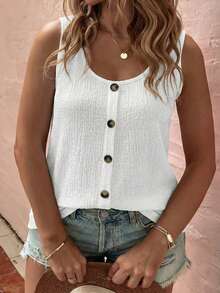 EMERY ROSE Plus Size New Fashion Casual Versatile Round Neck Button Decor Textured Tank Top - White - View 5