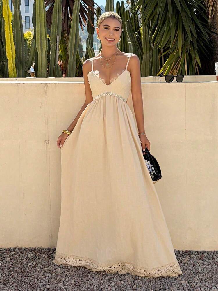 Women's Summer Minimalist Solid Color Contrast Lace Dress Sundress