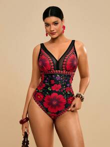 SHEIN TRVLCHIC 大码印花连体泳衣，适合海滩度假 - 黑色 - 查看 4