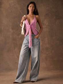SHEIN BAE Áo hai dây nữ kiểu retro chấm bi nhún bèo buộc dây cổ chữ V hở lưng, gợi cảm, thích hợp cho kỳ nghỉ lãng mạn, tiệc trà chiều, đi biển, du thuyền, nghỉ dưỡng thành phố, mùa cưới, lễ hội âm nhạc, kỳ nghỉ phong cách bohemian. - Hồng - Xem 6