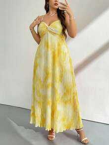 Firerie Women's Plus Size White Summer Elegant Vacation Holiday Beach Spaghetti Strap Twist Front Loose Maxi A-Line Pleated Tie Dye Floral Print Dress - Yellow - View 3