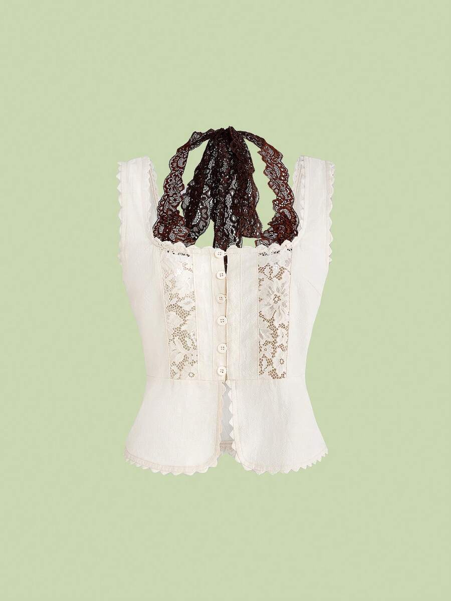 ROMWE Hippie 女士复古音乐节嬉皮波西米亚风棉质蕾丝撞色拼接无袖上衣 - 杏色 - 查看 1