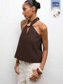 Maija Áo tank top nữ màu trơn tối giản cổ yếm buộc dây phía sau - Cà phê nâu - Xem 8