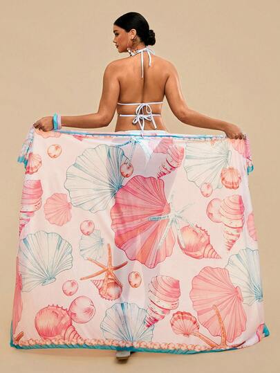 Travachic Áo choàng đi biển in họa tiết vỏ sò phong cách Bohemian – Váy quấn bằng chiffon nhẹ, kiểu dáng buộc dây, thích hợp mặc ngoài bikini mùa hè, chống nắng, dành cho nữ.
