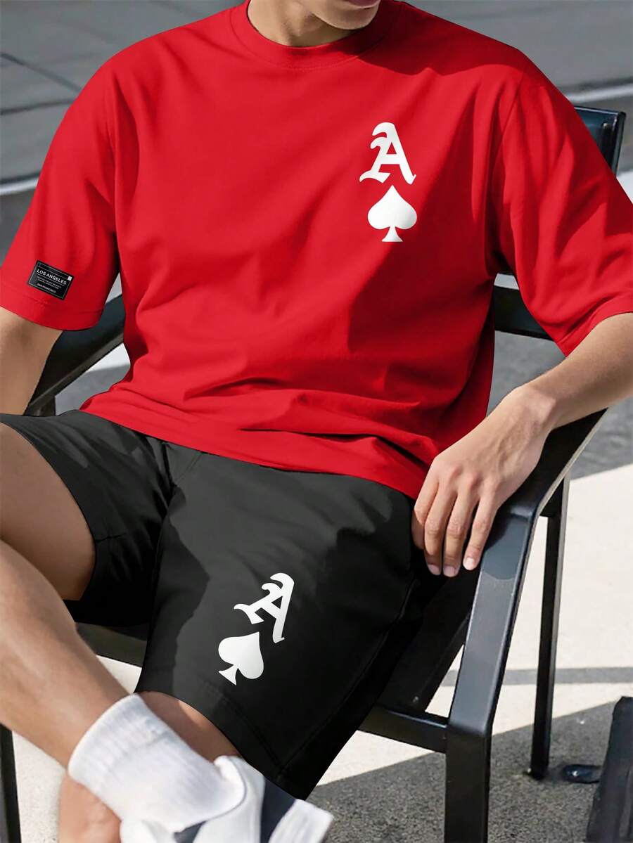 Manfinity Homme 2pcs/Set Men's Casual Playing Card Print Short Sleeve T-Shirt And Drawstring Waist Shorts - Multicolor - View 1