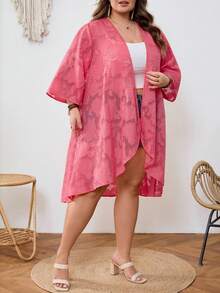 SHEIN CURVE+ Curve 尺码 US22 音乐节、海滨度假、波西米亚风休闲纯色镂空衬衫 - 玫紅色 - 查看 4