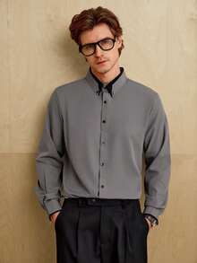 MENRIVO Camisa casual de negocios con botones delanteros de unicolor para hombre, de manga larga, para otoño - Gris Claro - Ver 6