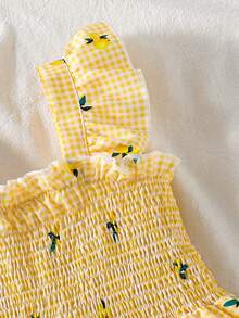 SHEIN Genkimix Kids Young Girls' Lemon Plaid Print Ruffle Strap Flare Sleeve Tiered Cake Dress,White,Summer,Fairy,Matching,Family Vacation,Holiday Beach Casual Outfit - Multicolor - View 4